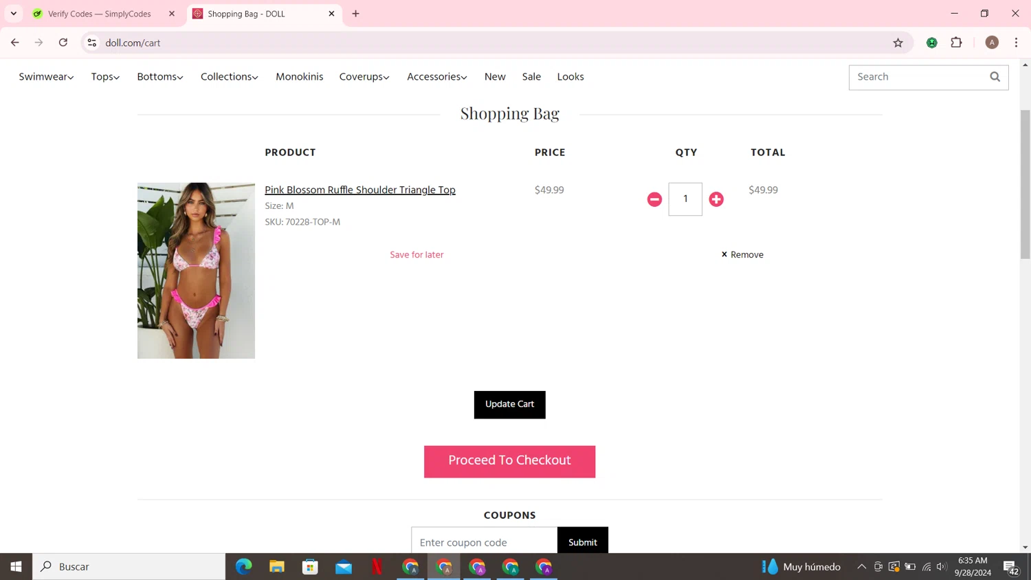 DOLL checkout page showing DOLL coupon code box | Screenshot taken by SimplyCodes community member on Sep 28, 2024