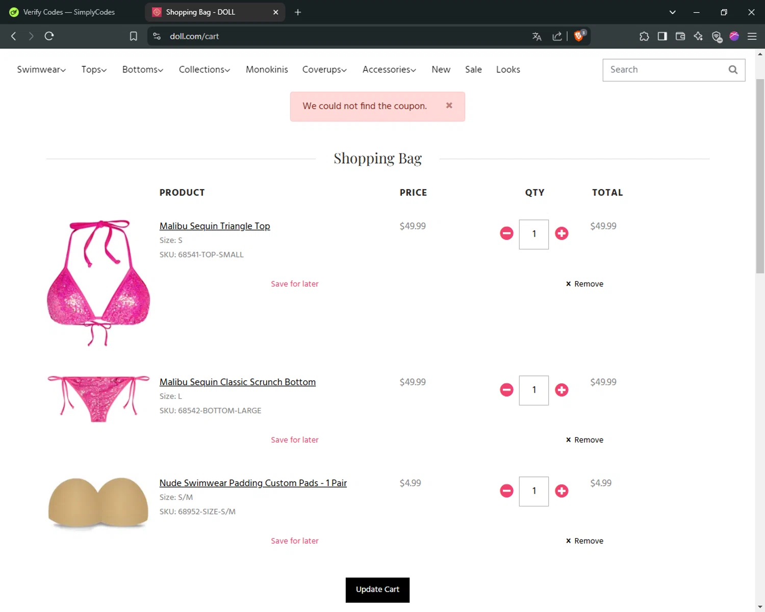 DOLL coupon code screenshot showing code BIKINI2025 applied at DOLL checkout page. Uploaded by SimplyCodes community member MoneyEagle4780 on Feb 25, 2025