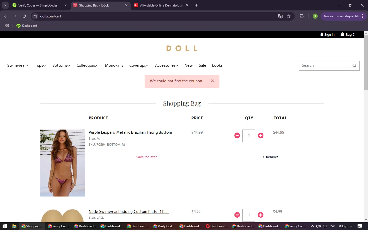 DOLL coupon code screenshot showing code BIKINI2025 applied at DOLL checkout page. Uploaded by SimplyCodes community member CouponRanger9482 on Feb 25, 2025