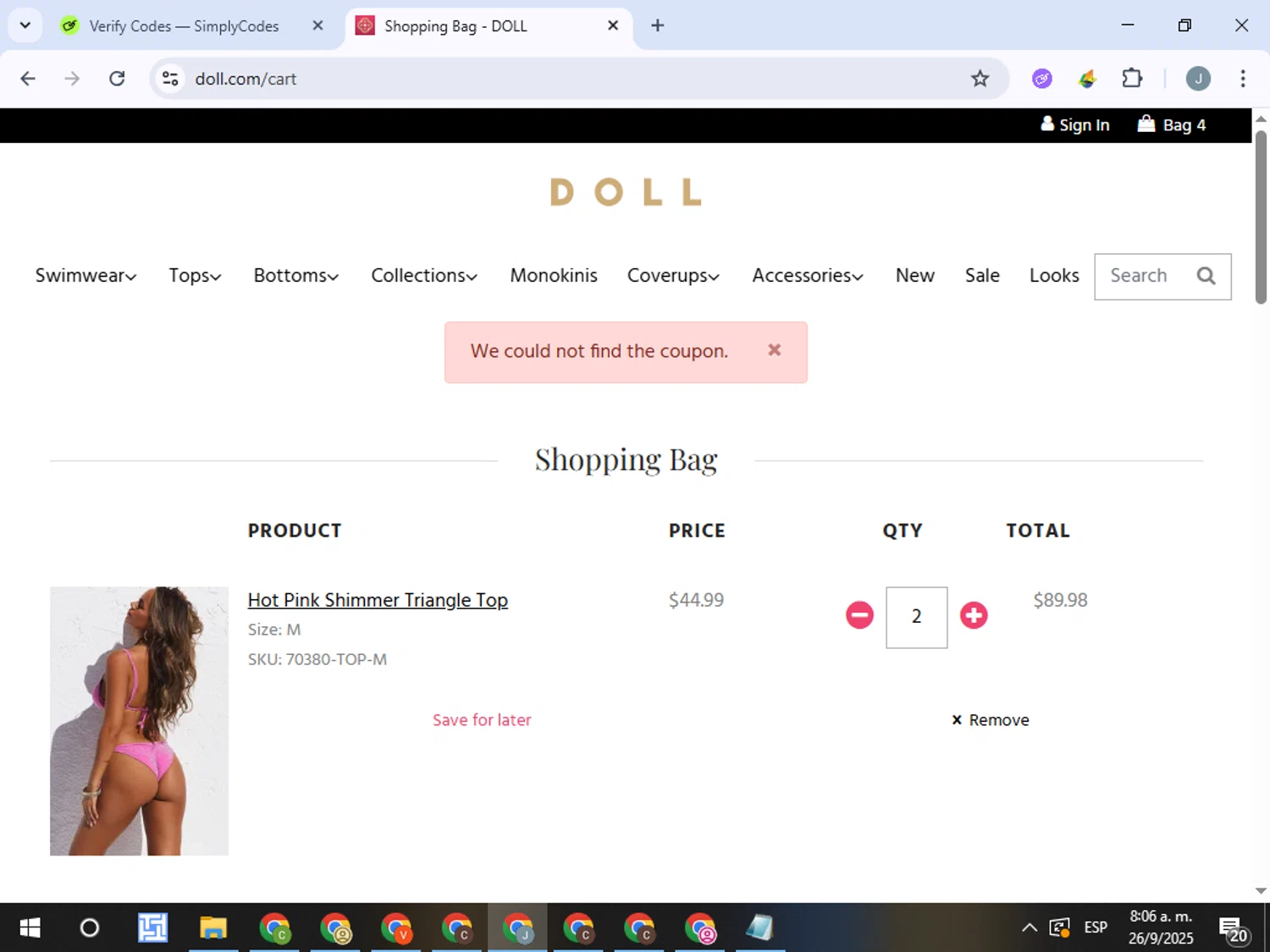 DOLL coupon code screenshot showing code LABORDAY2025 applied at DOLL checkout page. Uploaded by SimplyCodes community member ValueTracker8384 on Sep 26, 2025