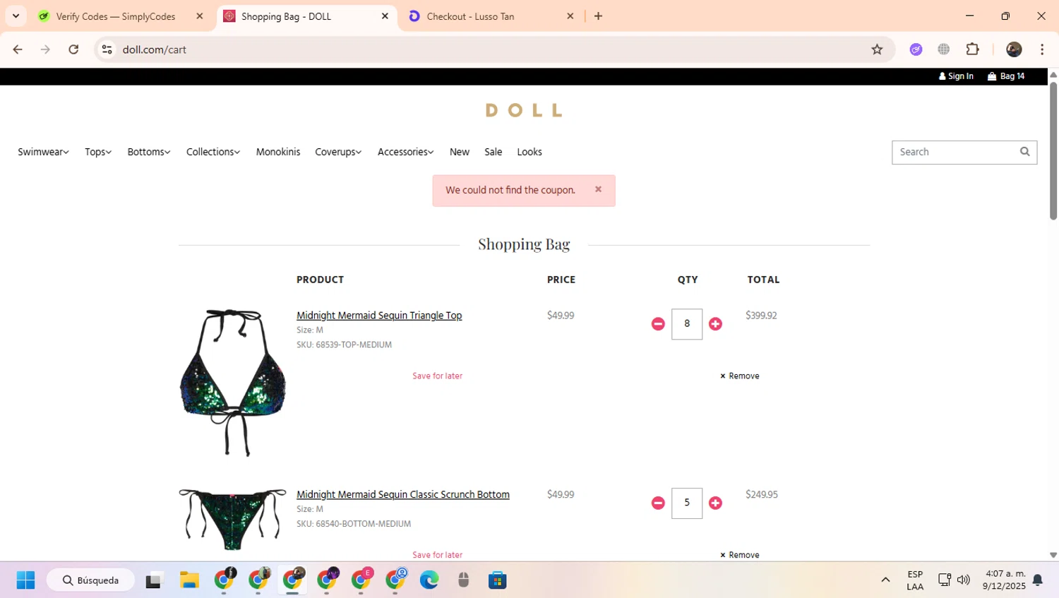 DOLL coupon code screenshot showing code blackfriday2025 applied at DOLL checkout page. Uploaded by SimplyCodes community member CoinScout855 on Dec 9, 2025