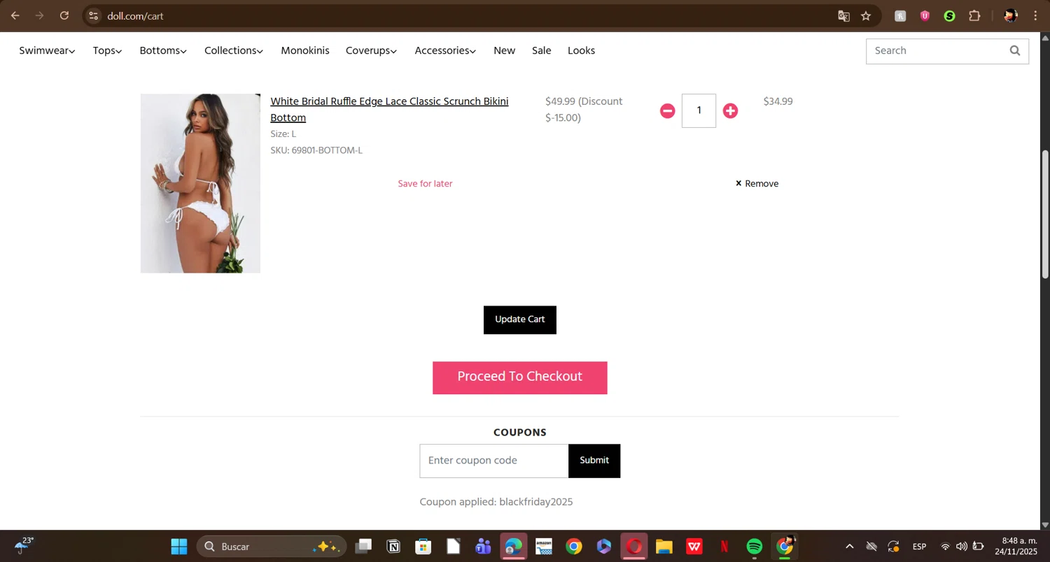 DOLL checkout page showing DOLL coupon code box | Screenshot taken by SimplyCodes community member on Nov 24, 2025