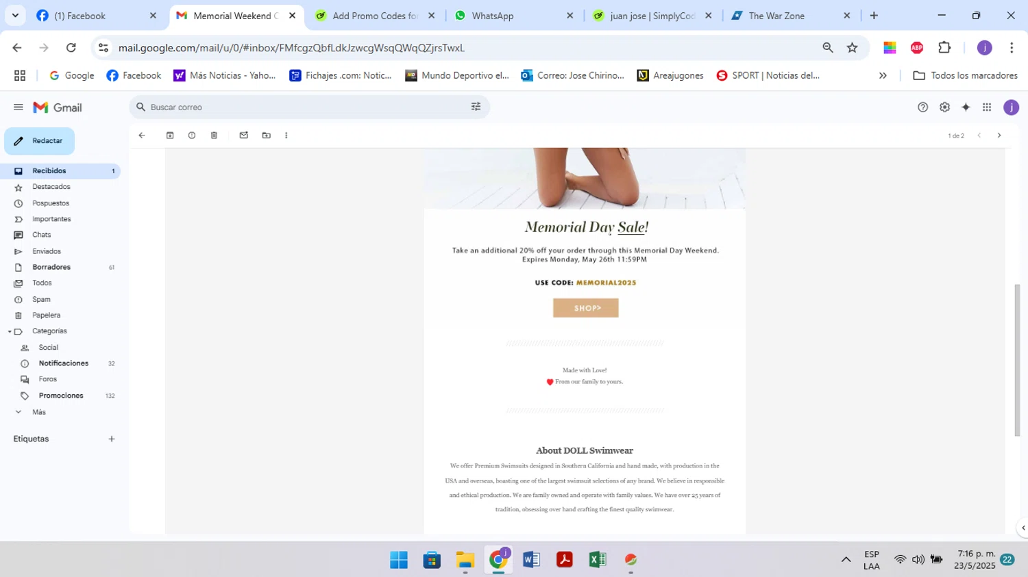 DOLL coupon code screenshot showing code memorial2025 applied at DOLL checkout page. Uploaded by SimplyCodes community member juanjose on May 23, 2025