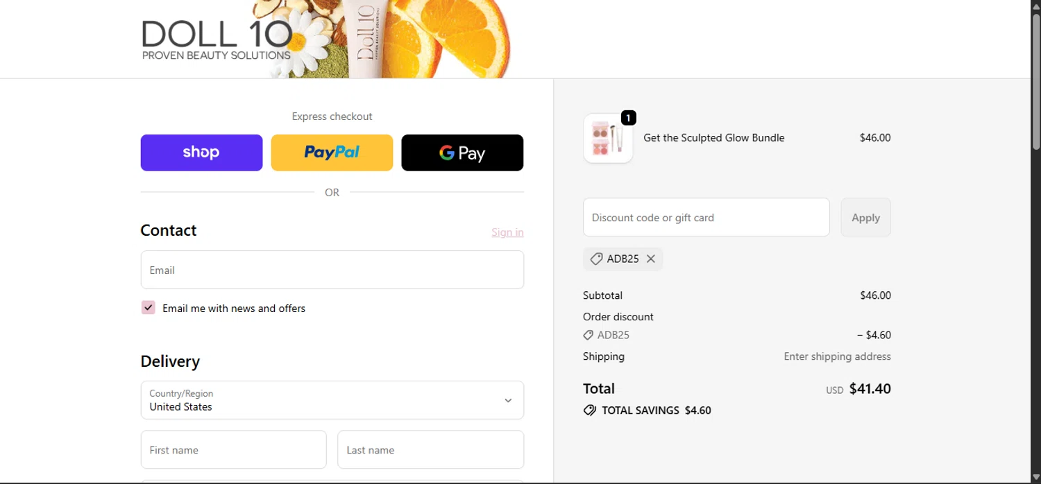 Doll 10 coupon code screenshot showing code ADB25 applied at Doll 10 checkout page. Uploaded by SimplyCodes community member ______________ on Nov 19, 2025