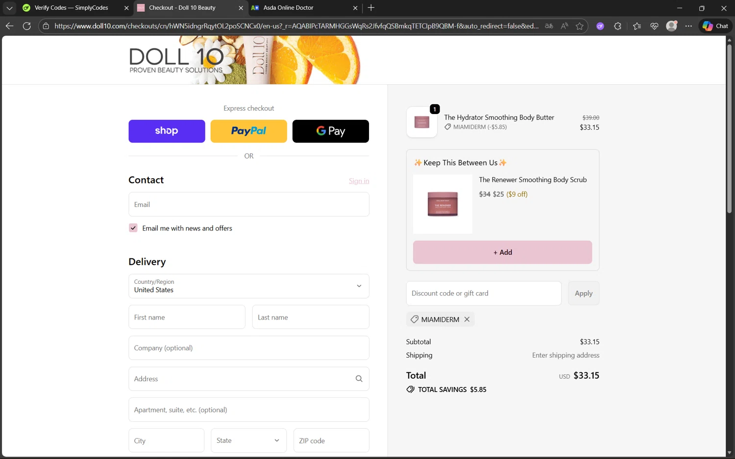 Doll 10 coupon code screenshot showing code MIAMIDERM applied at Doll 10 checkout page. Uploaded by SimplyCodes community member Yuyu12 on Nov 26, 2025