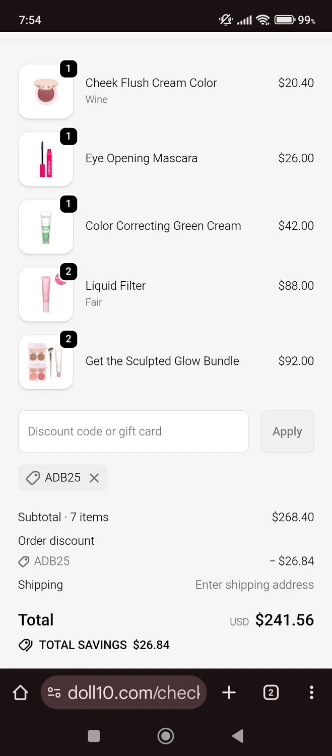 Doll 10 coupon code screenshot showing code ADB25 applied at Doll 10 checkout page. Uploaded by SimplyCodes community member carlacabrera1 on Dec 18, 2025