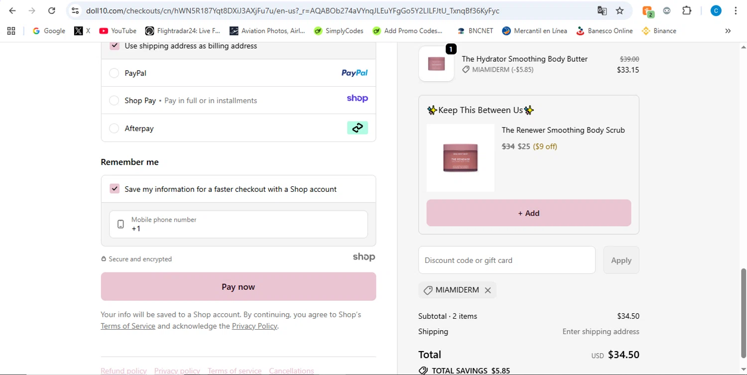 Doll 10 coupon code screenshot showing code MIAMIDERM applied at Doll 10 checkout page. Uploaded by SimplyCodes community member victor on Nov 19, 2025