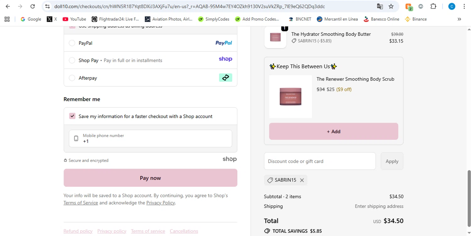 Doll 10 coupon code screenshot showing code SABRIN15 applied at Doll 10 checkout page. Uploaded by SimplyCodes community member victor on Nov 18, 2025
