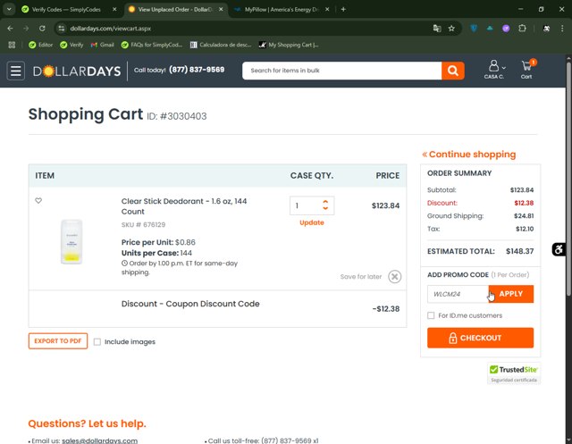 DollarDays checkout page showing DollarDays promo code box | Screenshot taken by SimplyCodes community member on Jun 5, 2025