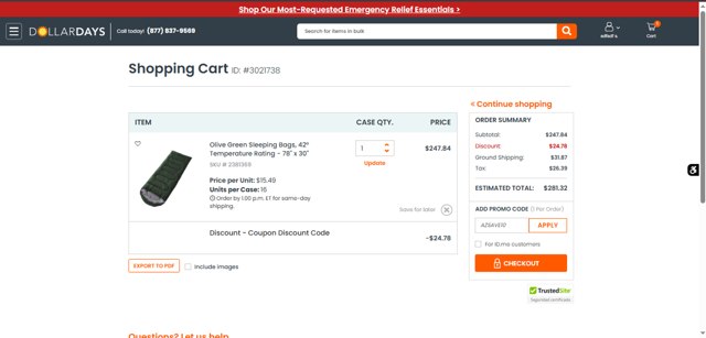 DollarDays checkout page showing DollarDays promo code box | Screenshot taken by SimplyCodes community member on Apr 1, 2025