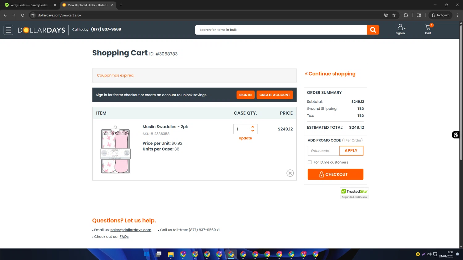 DollarDays promo code screenshot showing code WINTER25 applied at DollarDays checkout page. Uploaded by SimplyCodes community member AVATIGRITO on Jan 24, 2026