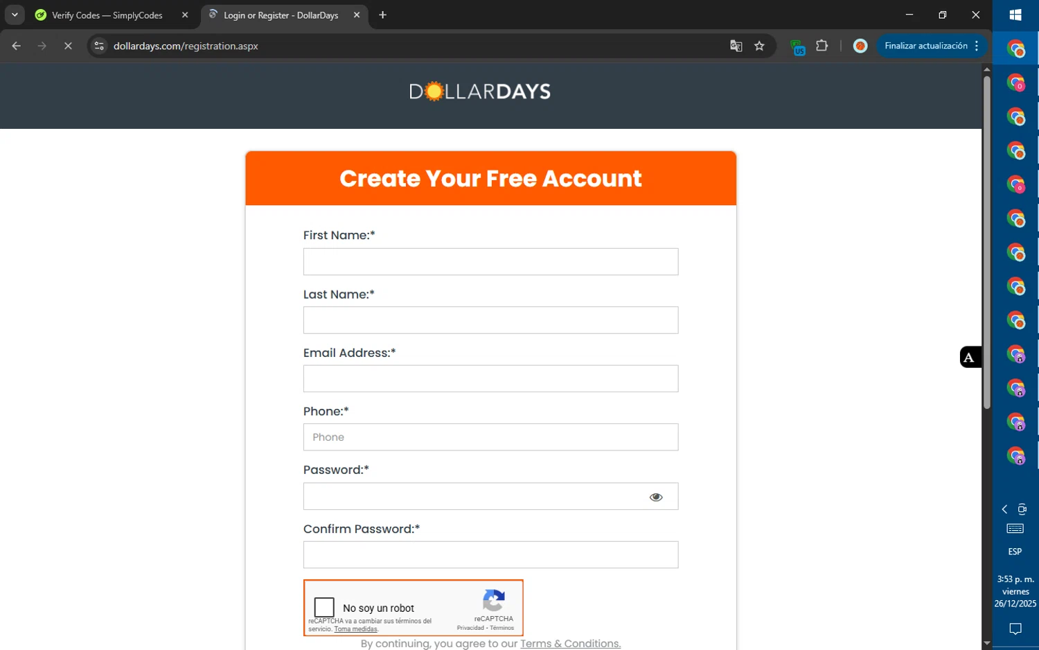 DollarDays promo code screenshot showing code WLCM25 applied at DollarDays checkout page. Uploaded by SimplyCodes community member SalePhoenix823 on Dec 26, 2025