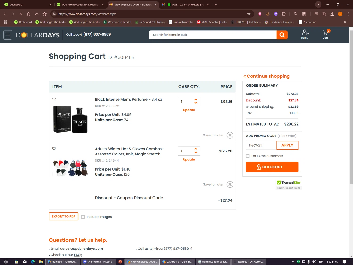 DollarDays promo code screenshot showing code WLCM25 applied at DollarDays checkout page. Uploaded by SimplyCodes community member Alalee on Dec 26, 2025