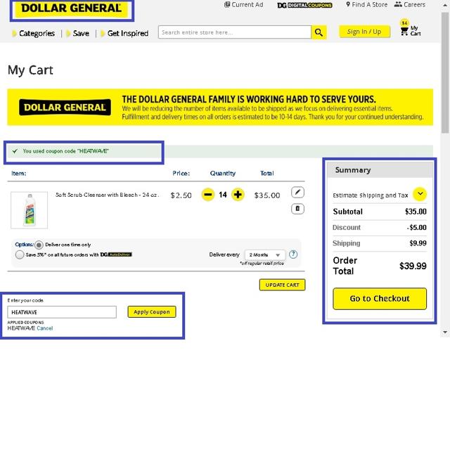 Dollar General checkout page showing Dollar General promo code box | Screenshot taken by SimplyCodes community member on Aug 1, 2020