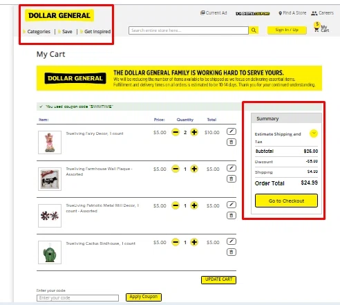 where to use Dollar General promo code box