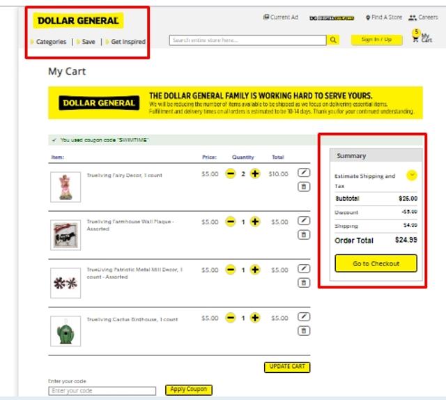 Dollar General checkout page showing Dollar General promo code box | Screenshot taken by SimplyCodes community member on Aug 15, 2020