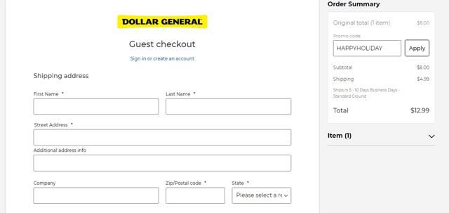 Dollar General checkout page showing Dollar General promo code box | Screenshot taken by SimplyCodes community member on Dec 25, 2020