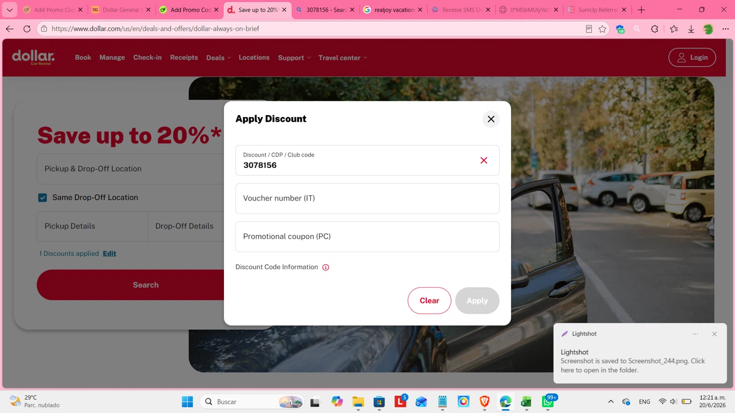 Dollar Rent A Car promo code screenshot showing code 3078156 applied at Dollar Rent A Car checkout page. Uploaded by SimplyCodes community member cosita on Jun 20, 2026