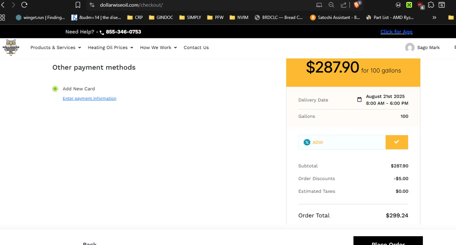 DollarWise Oil discount code screenshot showing code ADW applied at DollarWise Oil checkout page. Uploaded by SimplyCodes community member RickhiK on Aug 20, 2025