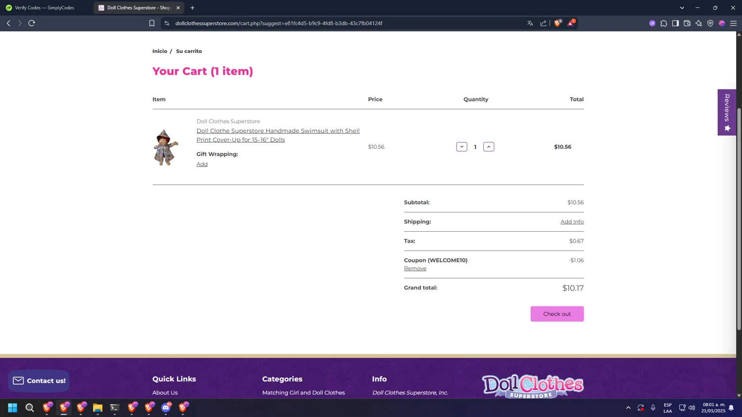 Doll Clothes Superstore promo code screenshot showing code WELCOME10 applied at Doll Clothes Superstore checkout page. Uploaded by SimplyCodes community member diosgreed2030 on May 21, 2025