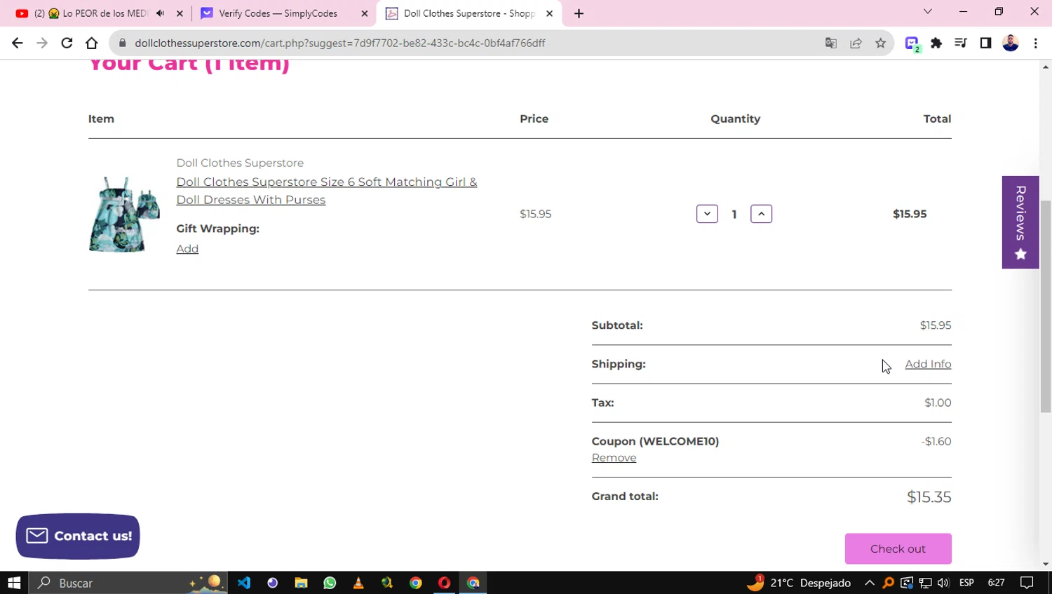 Doll Clothes Superstore checkout page showing Doll Clothes Superstore promo code box | Screenshot taken by SimplyCodes community member on Sep 29, 2023