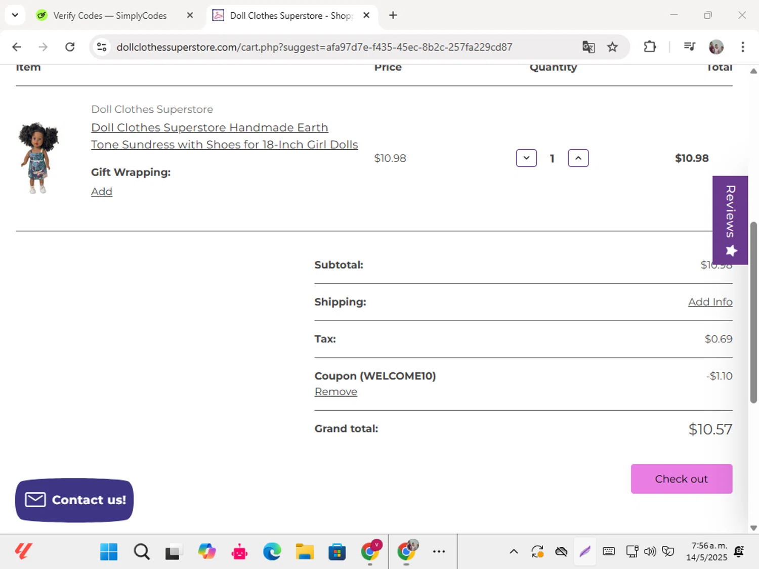 Doll Clothes Superstore promo code screenshot showing code WELCOME10 applied at Doll Clothes Superstore checkout page. Uploaded by SimplyCodes community member karolg on May 14, 2025