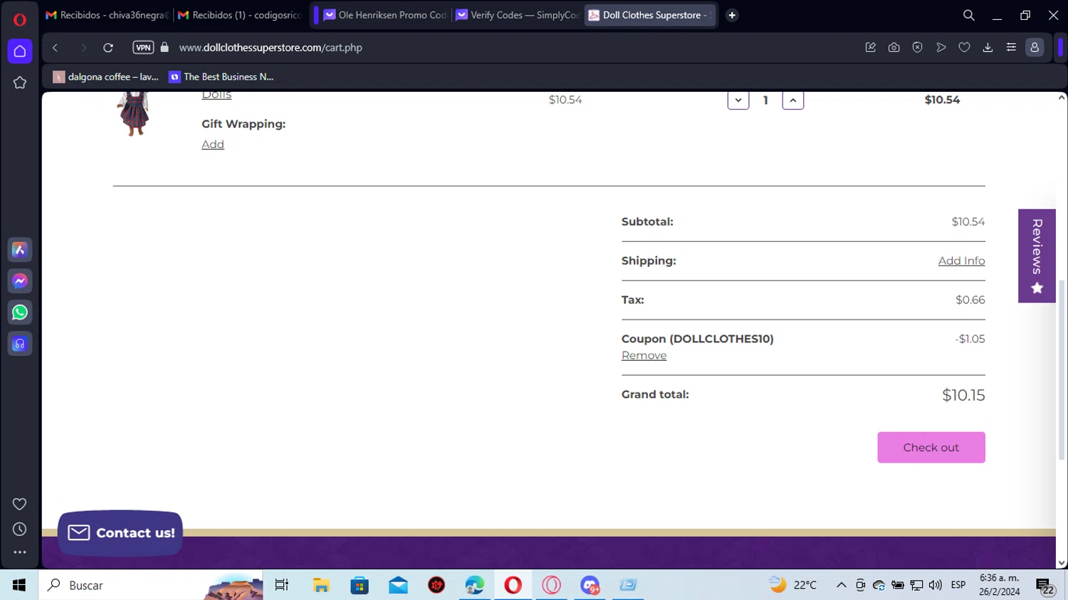 Doll Clothes Superstore checkout page showing Doll Clothes Superstore promo code box | Screenshot taken by SimplyCodes community member on Feb 26, 2024