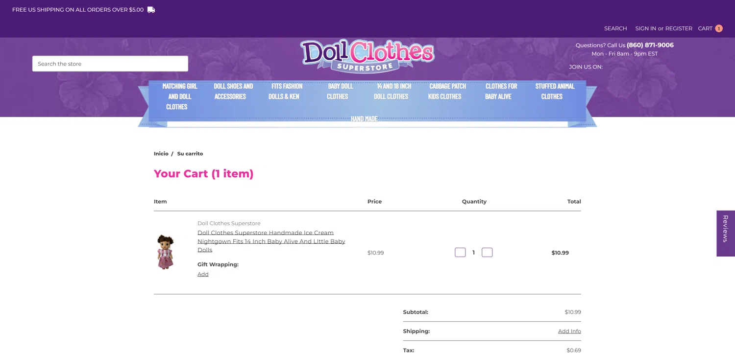 Doll Clothes Superstore promo code screenshot showing code DOLLCLOTHES10 applied at Doll Clothes Superstore checkout page. Uploaded by SimplyCodes community member ShrewdEagle1122 on Apr 9, 2025