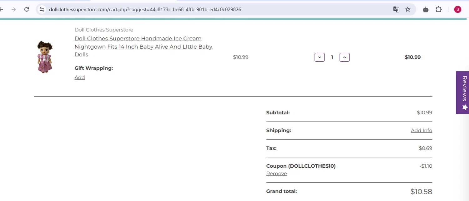 Doll Clothes Superstore promo code screenshot showing code DOLLCLOTHES10 applied at Doll Clothes Superstore checkout page. Uploaded by SimplyCodes community member CleverNavigator9655 on Apr 1, 2025