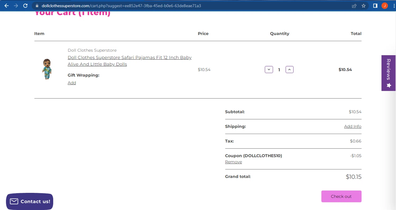 Doll Clothes Superstore checkout page showing Doll Clothes Superstore promo code box | Screenshot taken by SimplyCodes community member on Sep 13, 2024