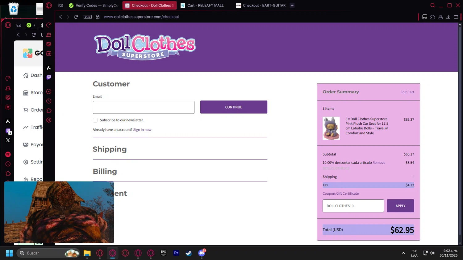 Doll Clothes Superstore promo code screenshot showing code DOLLCLOTHES10 applied at Doll Clothes Superstore checkout page. Uploaded by SimplyCodes community member leonardocamacho2 on Nov 30, 2025