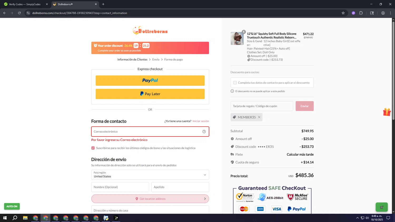 Dollreborns promo code screenshot showing code MEMBER35 applied at Dollreborns checkout page. Uploaded by SimplyCodes community member ooooooooooooooooooo on Oct 18, 2025
