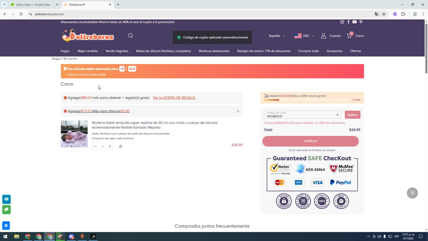 Dollreborns promo code screenshot showing code MEMBER35 applied at Dollreborns checkout page. Uploaded by SimplyCodes community member asdasdasd on Jul 6, 2025
