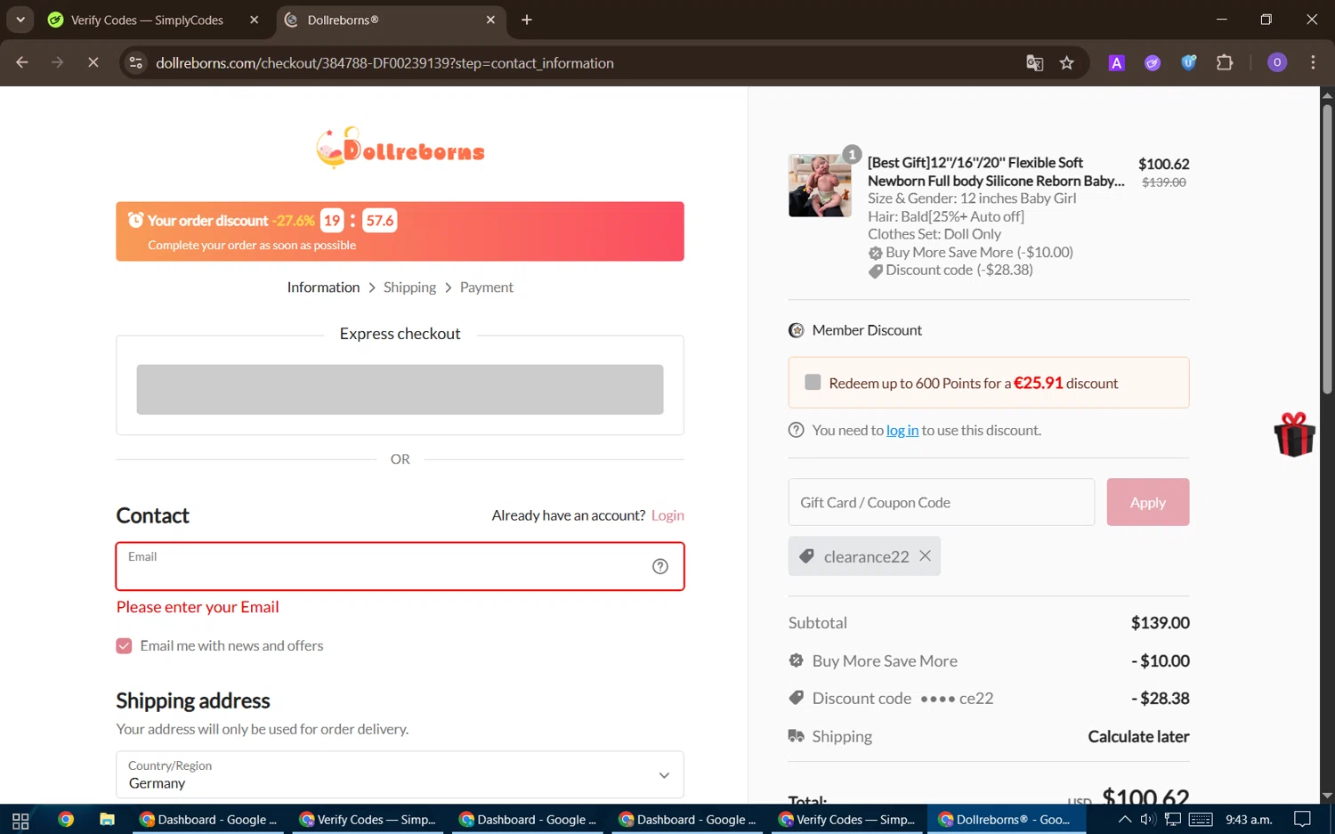 Dollreborns promo code screenshot showing code clearance22 applied at Dollreborns checkout page. Uploaded by SimplyCodes community member BudgetHawk9503 on Nov 26, 2025