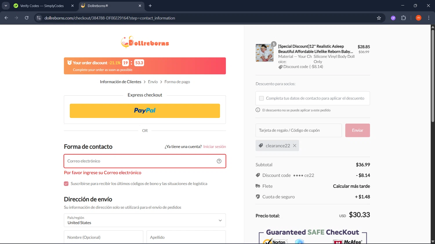 Dollreborns promo code screenshot showing code clearance22 applied at Dollreborns checkout page. Uploaded by SimplyCodes community member PromoMonarch895 on Sep 29, 2025