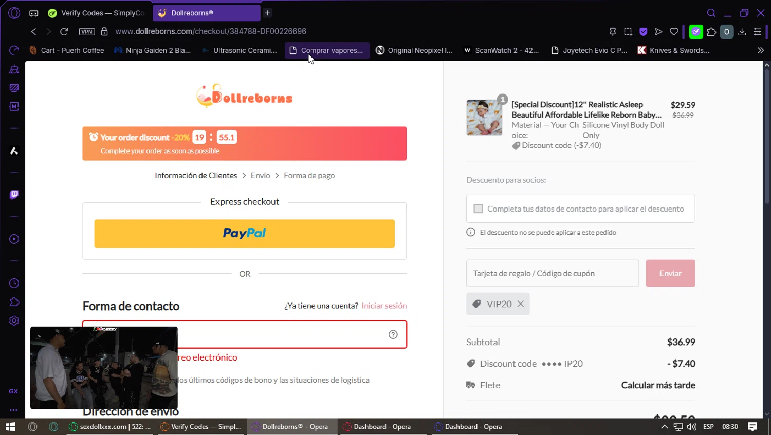Dollreborns promo code screenshot showing code VIP20 applied at Dollreborns checkout page. Uploaded by SimplyCodes community member GoldMaestro7871 on Aug 27, 2025