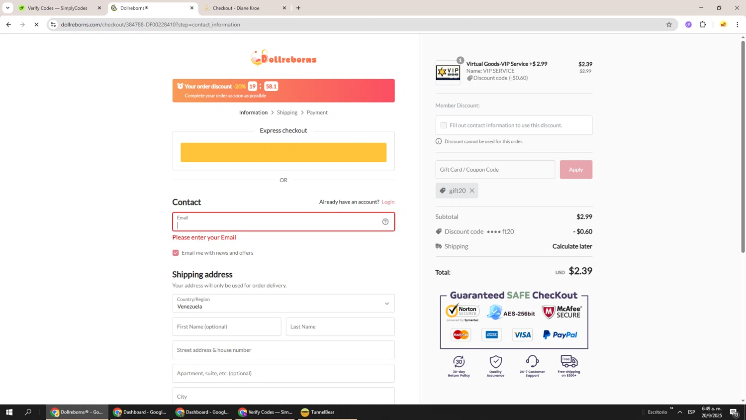 Dollreborns promo code screenshot showing code gift20 applied at Dollreborns checkout page. Uploaded by SimplyCodes community member Richard251 on Sep 20, 2025