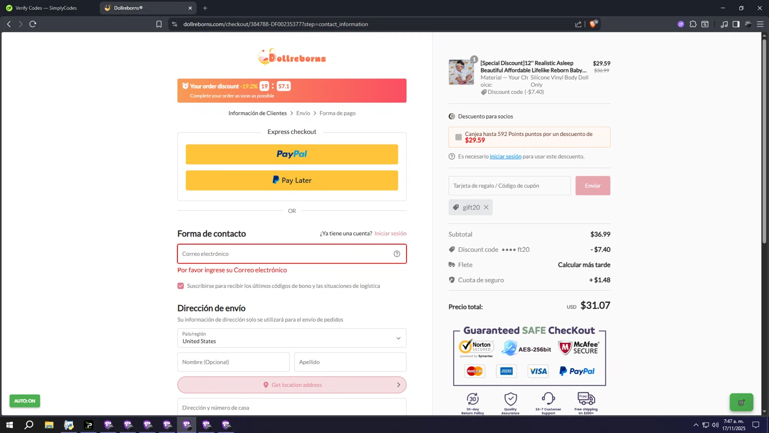 Dollreborns promo code screenshot showing code gift20 applied at Dollreborns checkout page. Uploaded by SimplyCodes community member wwwwwwwwwwwwwwwwwww on Nov 17, 2025