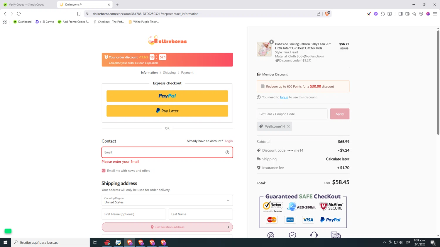 Dollreborns checkout page showing Dollreborns promo code box | Screenshot taken by SimplyCodes community member on Jan 2, 2026