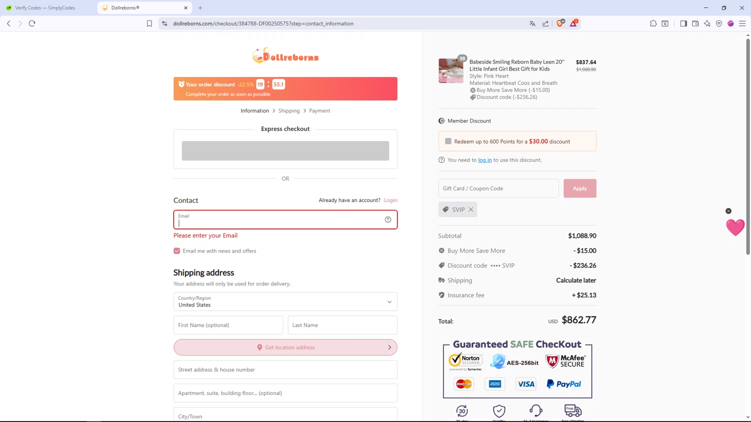 Dollreborns checkout page showing Dollreborns promo code box | Screenshot taken by SimplyCodes community member on Jan 4, 2026