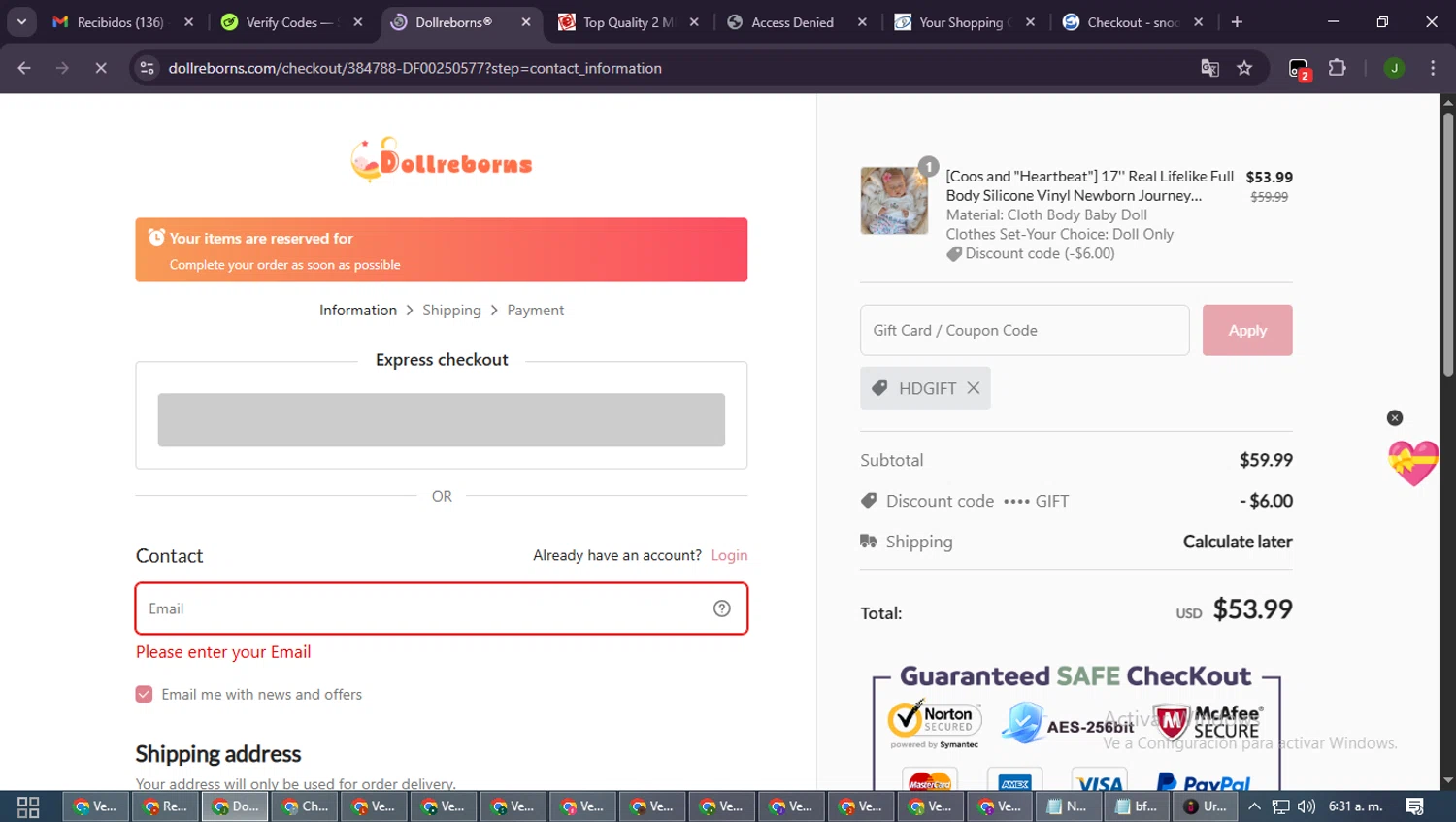 Dollreborns checkout page showing Dollreborns promo code box | Screenshot taken by SimplyCodes community member on Jan 4, 2026