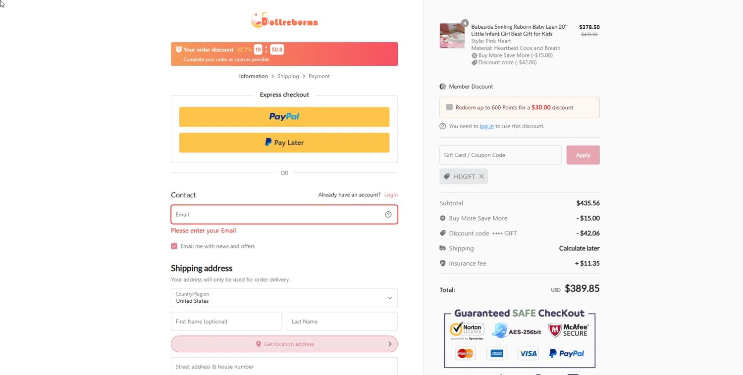 Dollreborns checkout page showing Dollreborns promo code box | Screenshot taken by SimplyCodes community member on Jan 4, 2026