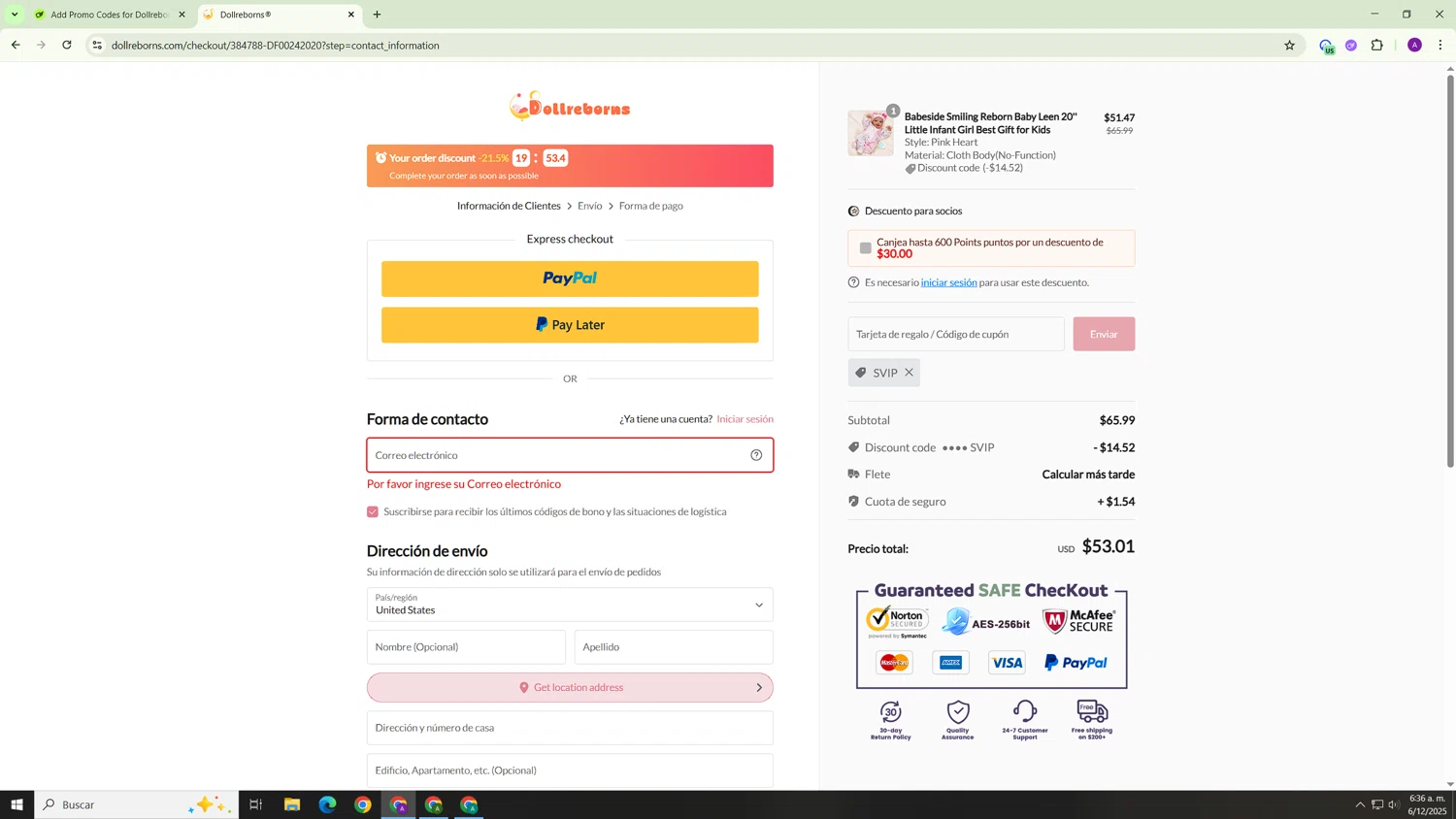 Dollreborns promo code screenshot showing code SVIP applied at Dollreborns checkout page. Uploaded by SimplyCodes community member Hasta_El_Final on Dec 6, 2025