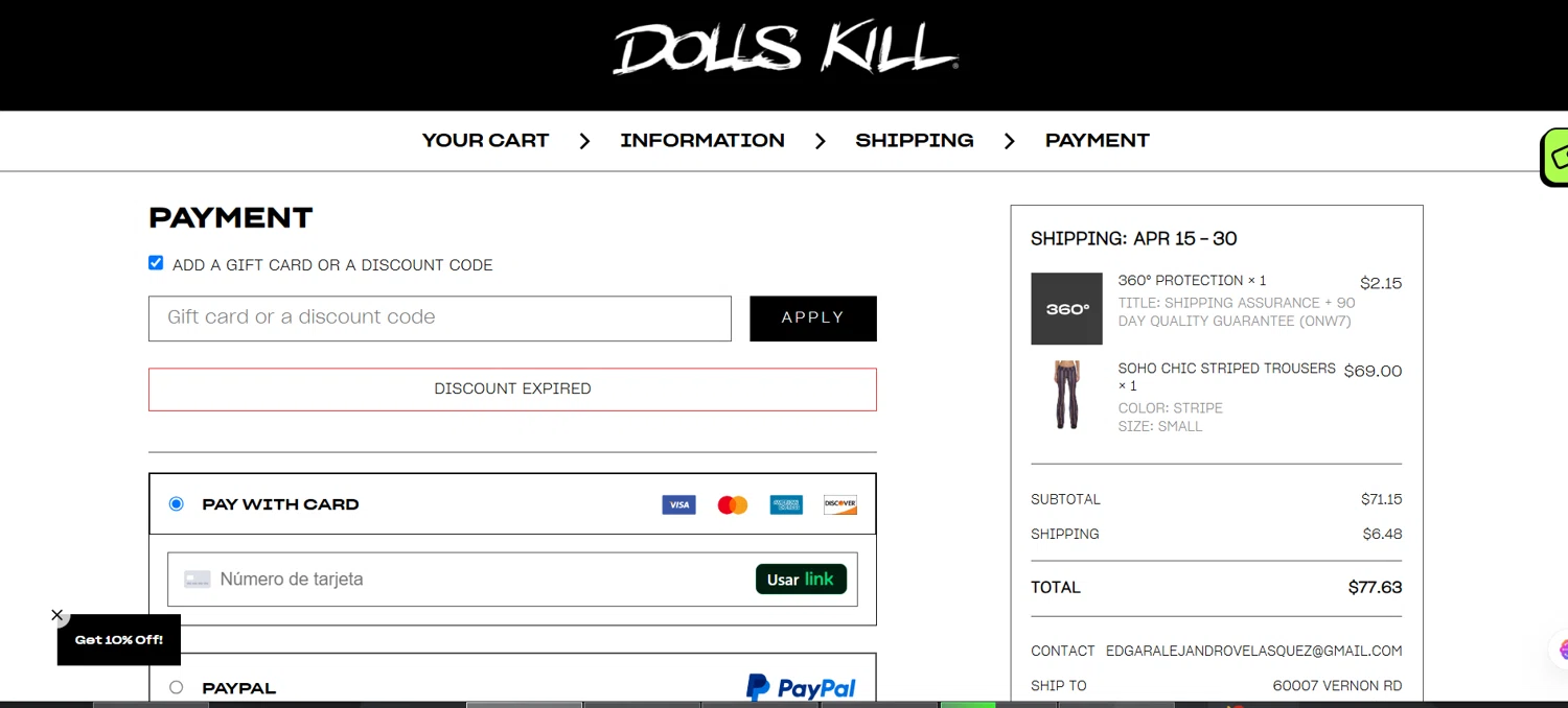 Dolls Kill discount code screenshot showing code Party applied at Dolls Kill checkout page. Uploaded by SimplyCodes community member TALLER1 on Mar 18, 2025