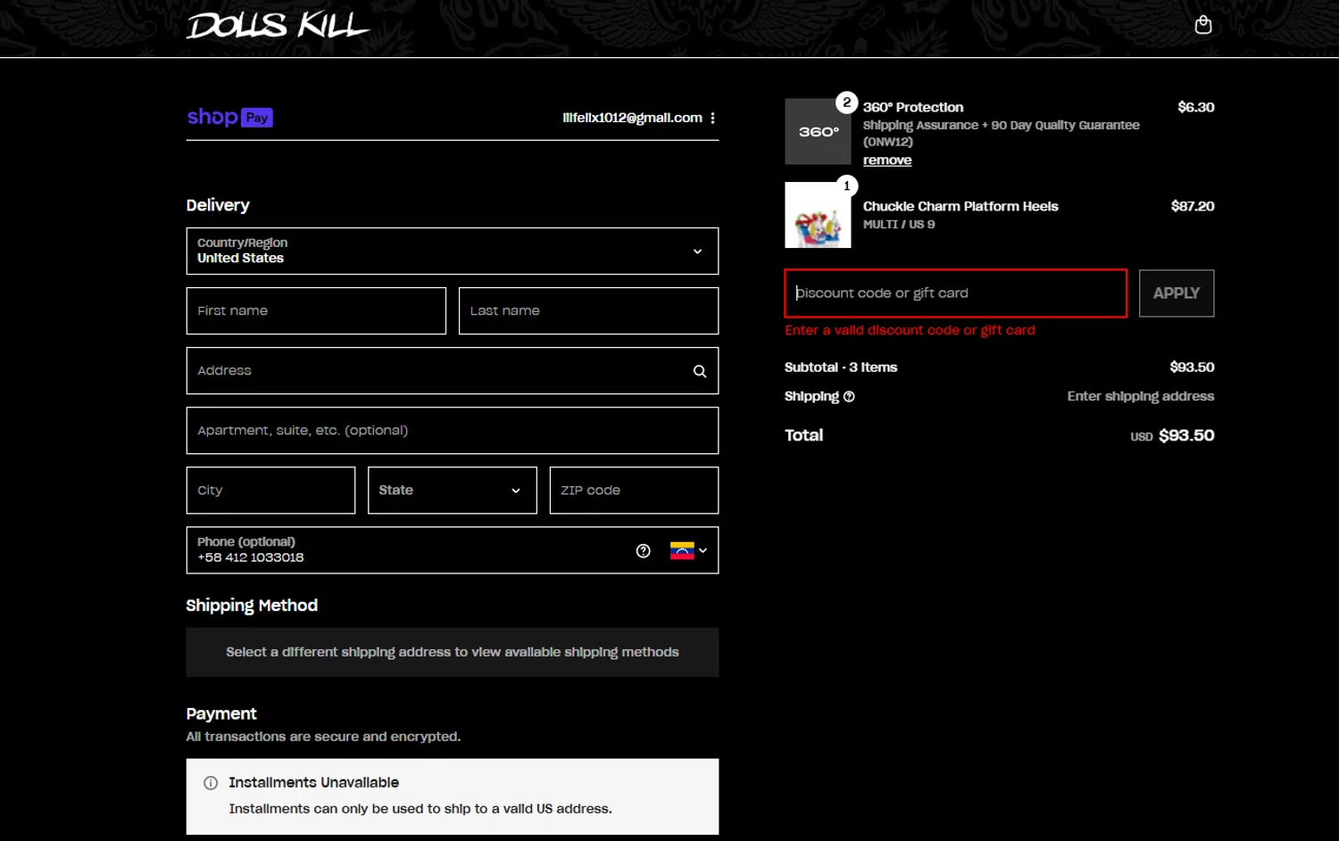 Dolls Kill discount code screenshot showing code WEEKEND applied at Dolls Kill checkout page. Uploaded by SimplyCodes community member lilfeli on Aug 26, 2025