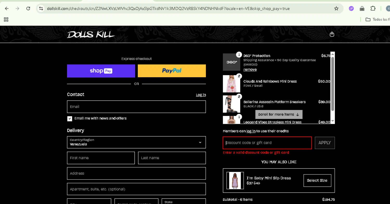 Dolls Kill discount code screenshot showing code desert applied at Dolls Kill checkout page. Uploaded by SimplyCodes community member NobleSentinel8535 on Jul 14, 2025