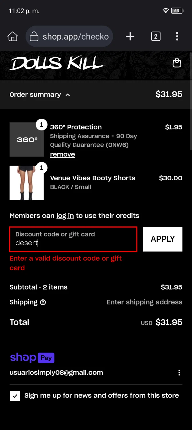 Dolls Kill discount code screenshot showing code desert applied at Dolls Kill checkout page. Uploaded by SimplyCodes community member Usuario_simply on Jul 14, 2025