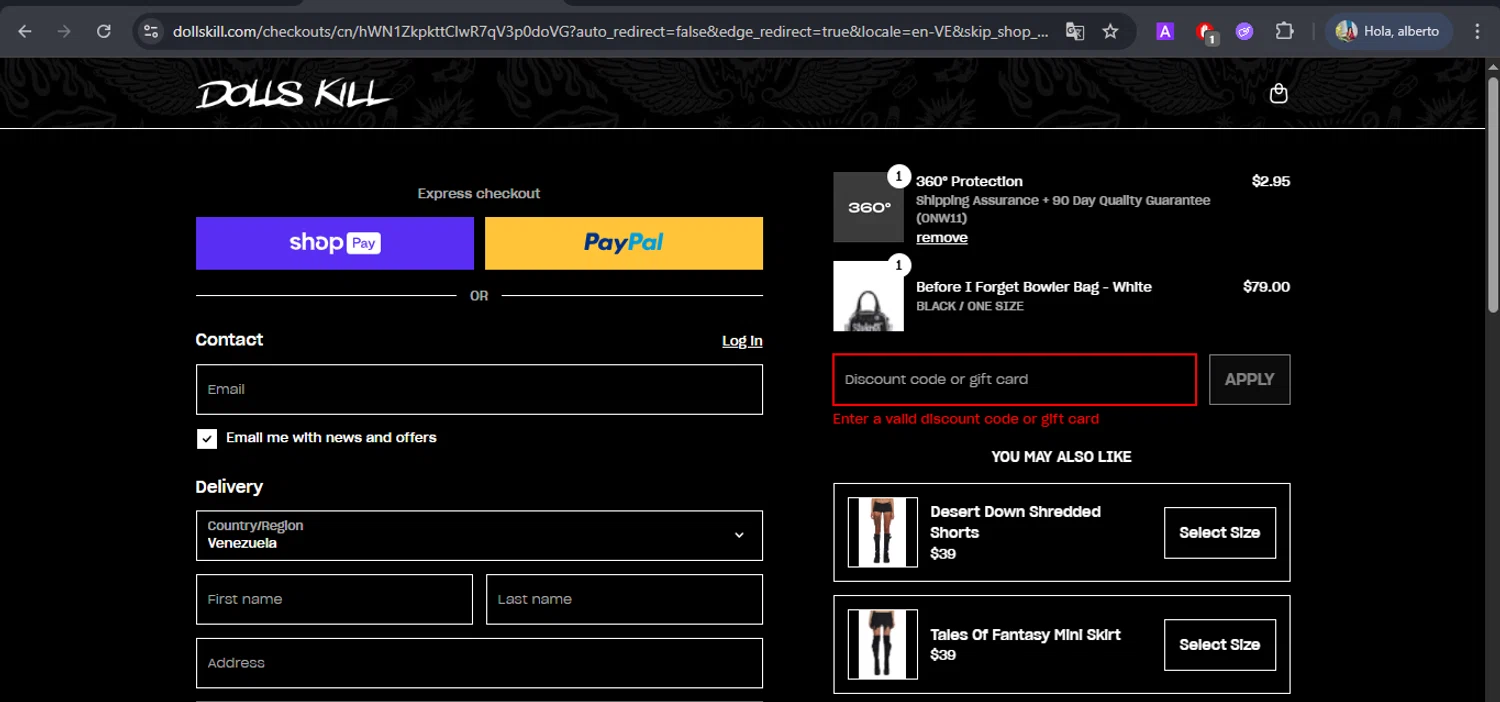Dolls Kill discount code screenshot showing code ANGEL applied at Dolls Kill checkout page. Uploaded by SimplyCodes community member BrilliantFox7966 on Aug 8, 2025