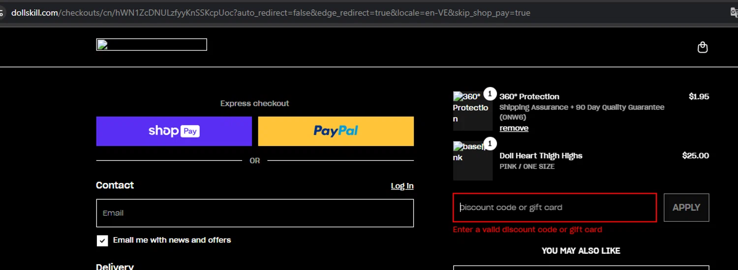 Dolls Kill discount code screenshot showing code ANGEL applied at Dolls Kill checkout page. Uploaded by SimplyCodes community member Kony24 on Aug 8, 2025