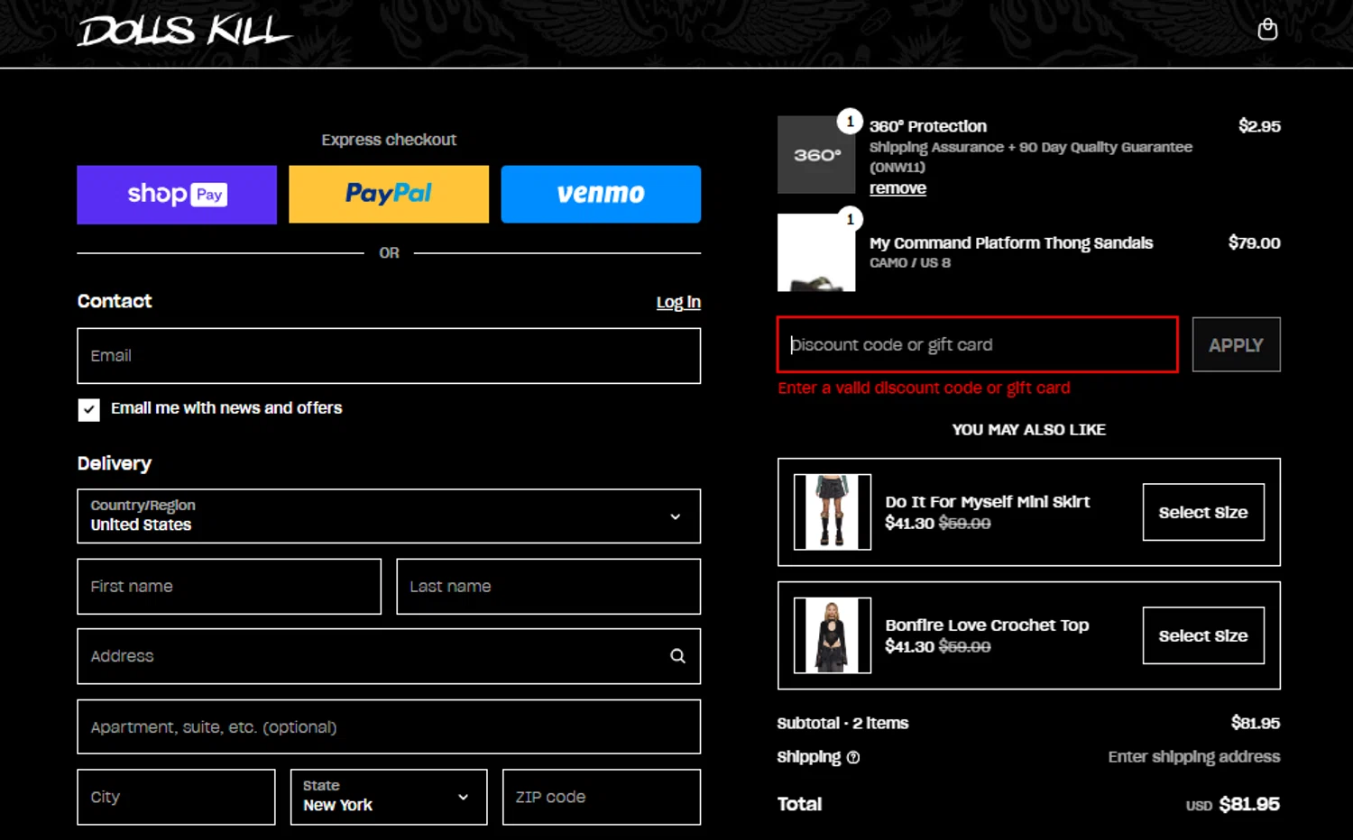 Dolls Kill discount code screenshot showing code ANGEL applied at Dolls Kill checkout page. Uploaded by SimplyCodes community member Toundji on Aug 8, 2025
